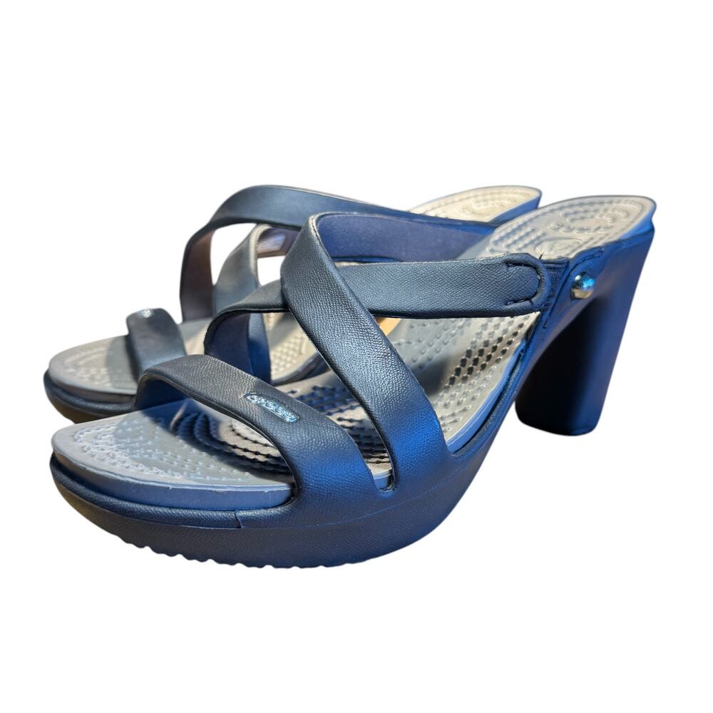 CROCS Women’s 7 Heels Black Strappy Cyprus IV Rubber Slip-on Sandals Shoes
